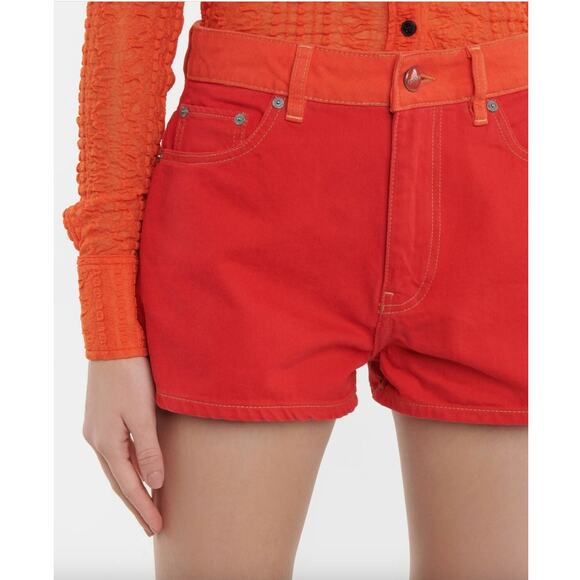 Ganni Colorblock High Rise Denim Shorts in Red/ Orange - Picture 7 of 13